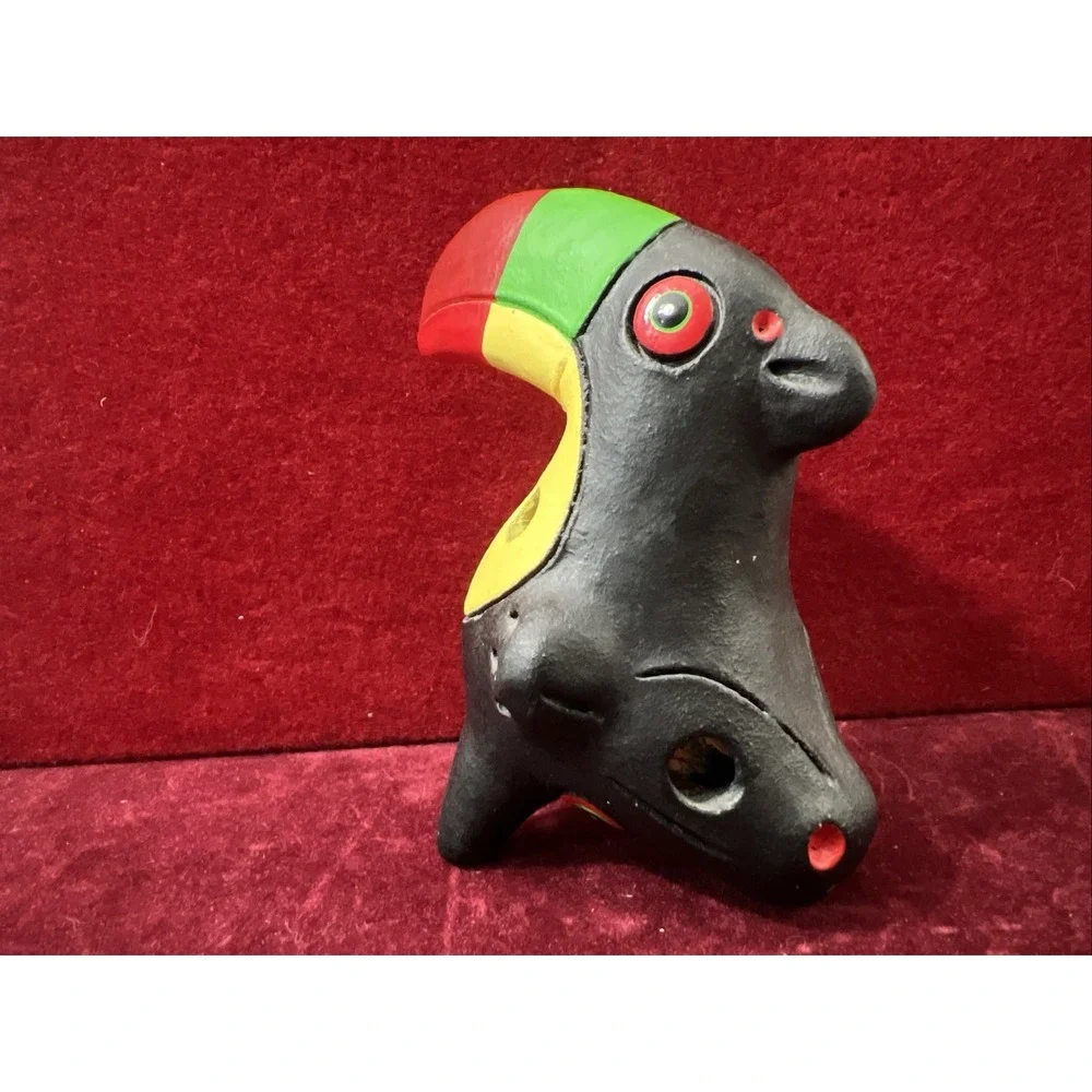 Handmade Black‎ Toucan Bird Clay Whistle Ocarina Folk Art Mexico Red Green Yello